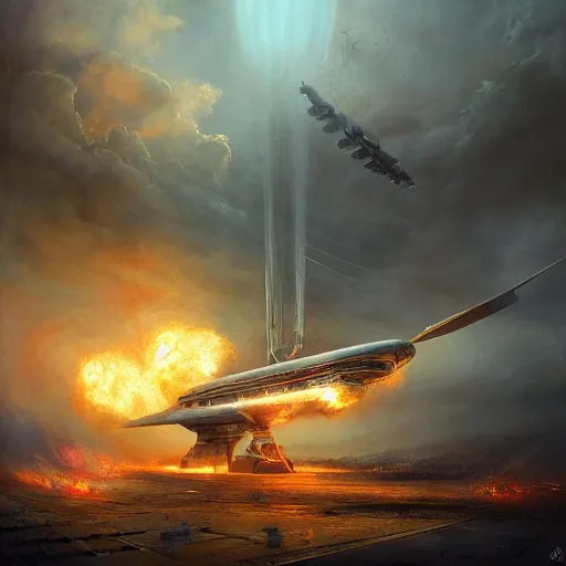 Image similar to a spaceship, stuck in the ground, the spaceship is on fire, smoke, hard rainstorm, angry, kinetic, artgerm and tom bagshaw, highly detailed oil painting,