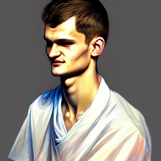 Prompt: Portrait of Vitalik Buterin as the gigachad, highly detailed, digital painting, artstation, concept art, matte, sharp focus, illustration, art by Artgerm and Greg Rutkowski and Alphonse Mucha, portrait