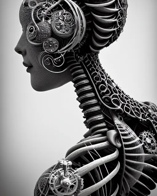 Image similar to mythical black and white organic bio-mechanical spinal ribbed profile face portrait detail of mechanical beautiful female angelic-vegetal-cyborg, highly detailed, intricate steampunk ornate, poetic, 3D render, digital art, octane render, 8K artistic photography, photo-realistic, by Dora Maar