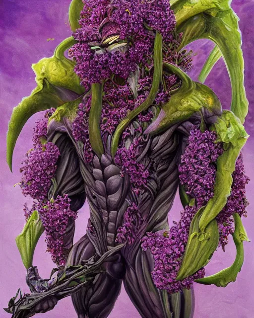 Prompt: Haunting horrifying detailed painting of a huge muscular hulking extraterrestrial flower monster made of lilacs, roses, lilies and daffodils, telekinetic aura, magical powers, and bloodshot eyeballs, hyper detailed, trending on Artstation