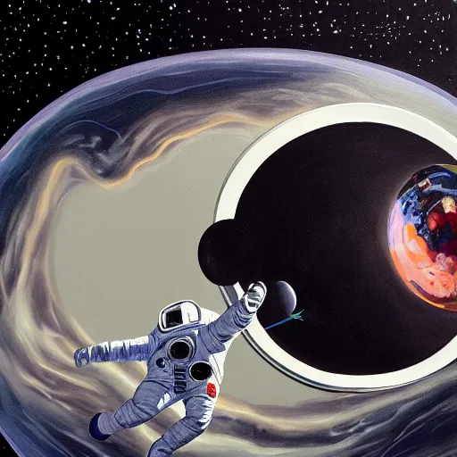 Prompt: A painting of an astronaut in space being sucked into a black hole, hyper detailed, hyper realistic, trending on artstation