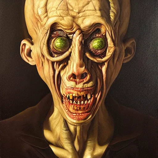 Image similar to Oil painting by Christian Rex Van Minnen of a portrait of an extremely bizarre disturbing mutated man with intense chiaroscuro lighting perfect composition