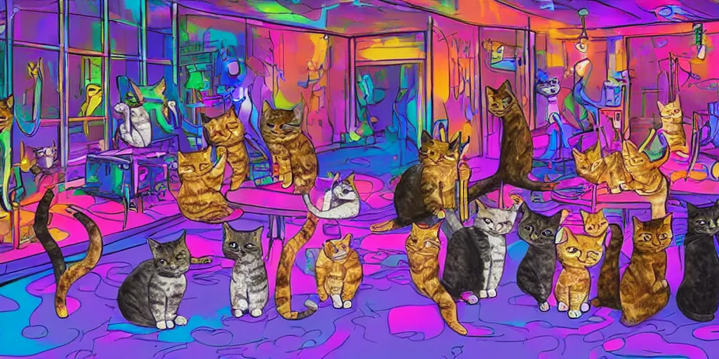 Prompt: A photo of cats having a wild party in a nightclub, very detailed and photorealistic image, beautiful scene