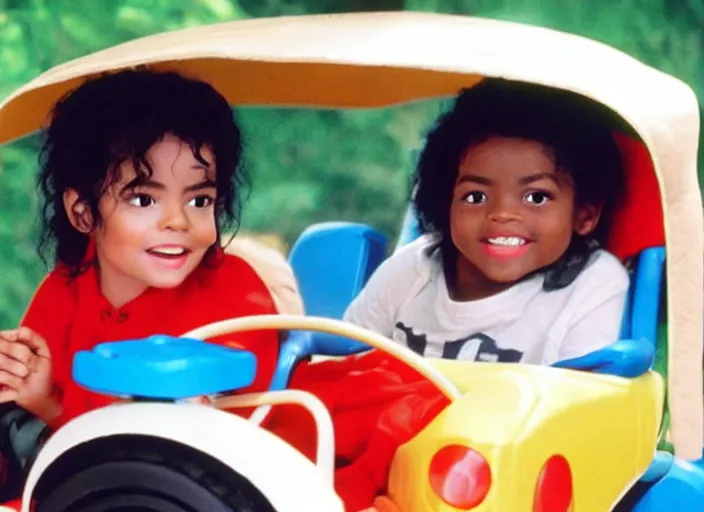 Image similar to michael jackson driving a little tikes cozy coupe, movie still, from the new jumanji movie, 8 k, realistic