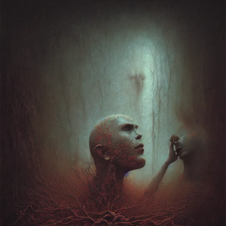 Image similar to portrait of shamanic ritual by beksinski, psychedelic trippy visionary art, soft bloom lucid dream - like atmosphere, baroque painting, perfect composition, detailed octane render trending on artstation, 8 k artistic photography, volumetric cinematic perfect light, chiaroscuro, masterpiece, raphael, caravaggio, beksinski, rutkowski, beeple