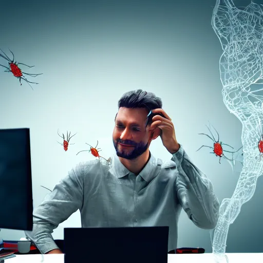 Image similar to photorealistic still shot of a man at a desk in front of computer. bugs are crawling on the desk