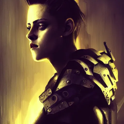 Prompt: kristen stewart portrait, dystopia core, apocalyptic, armor, warrior, dramatic, sharp focus, fiction, neon, fantasy, hyper detailed, digital art, trending in artstation, cinematic lighting, studio quality, smooth render, unreal engine 5 rendered, octane rendered, art style and nixeu and wlop and krenz cushart