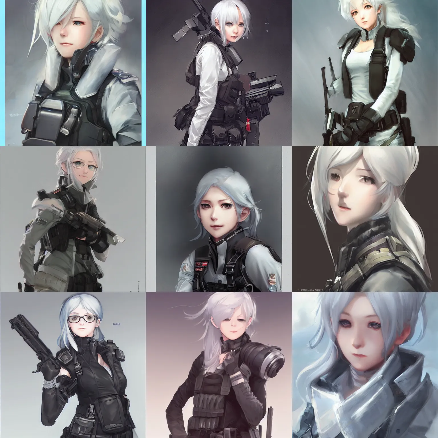 Prompt: silver hair girl, tactical vest, portrait ilustration by Krenz Cushart and Shinji Aramaki