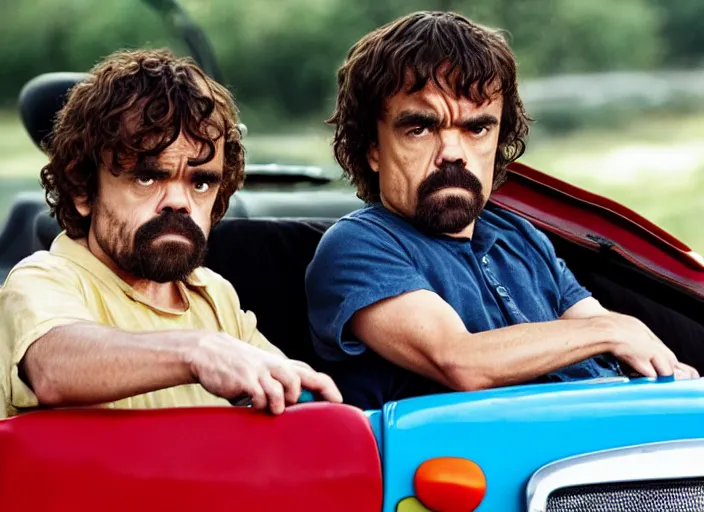 Prompt: peter dinklage and burt reynolds driving a little tikes cozy coupe, movie still, from the new smokey and the bandit, 8 k, realistic