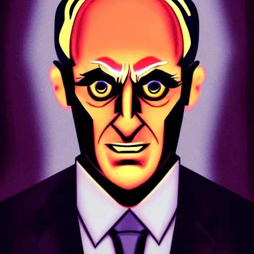 Image similar to solid glowing eyes, digital portrait of secretary of denis mcdonough face with solid glowing eyes, cover art of graphic novel, evil laugh, menacing, Machiavellian puppetmaster, villain, simple style, solid colors, clean lines, clean ink, trending on artstation