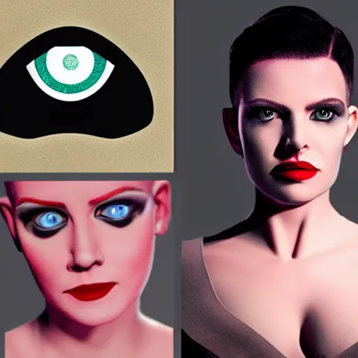 Prompt: twilight zone episode woman shaved head android bright lipstick wide eyes robot buttons android inlays in skin