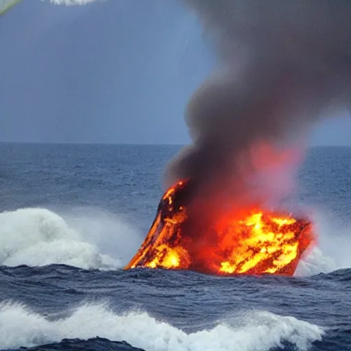 Image similar to Fire tornado in the open ocean. Raging sea. Catastrophe. small sailboat