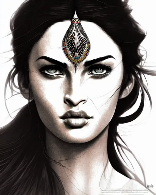 Image similar to indian warrior, megan fox, detailed perfect face, exquisite details, nose ring piercing!!!!, wind magic, mid view, design on a white background, by studio muti, greg rutkowski makoto shinkai takashi takeuchi studio ghibli