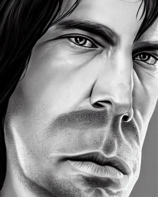 Prompt: portrait of tall, 3 3 - year - old handsome man with long dirty black hair, and ice grey eyes, wearing black clothes, no beard, hyper realistic face, beautiful grey eyes, character art, art by mark brooks, hyperdetailed, cryengine, trending on artstation, digital art
