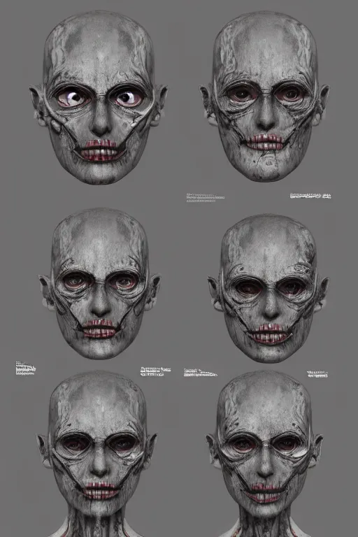 Image similar to aztec facial anatomy with gunmetal grey skin, medical anatomy, very symmetrical face, highly detailed, three - perspective / three - view reference sheet ( front / back / side ), in the style of dan ouellette, steven jung, amanda lilleston, hr giger, sil from species, dren from splice, mecha, artstation, unreal engine