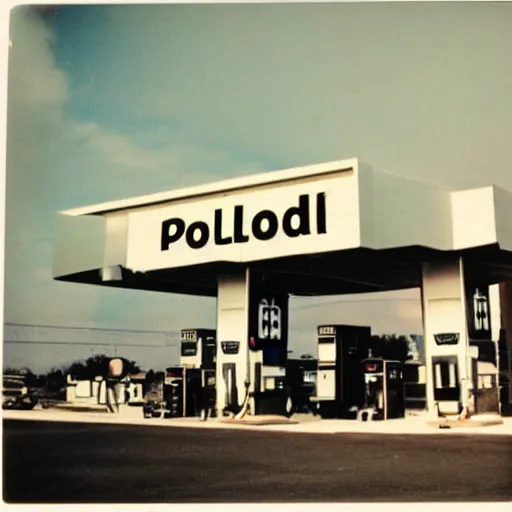 Prompt: polaroid photograph of a gas station from 1 9 6 8