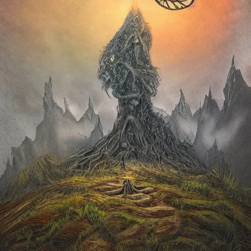 Image similar to steampunk ent from lord of the rings, realistic, pastel, high detail, dark, natural mountainous background with setting sun, smoke in sky