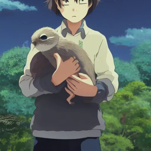 Prompt: guy holding small creature , with Fragile looking character portrait face made by Studio Ghibli highly detailed art, beautiful scene, sharp focus, smooth, nostalgic 8k, anime art, pixiv, accent lighting