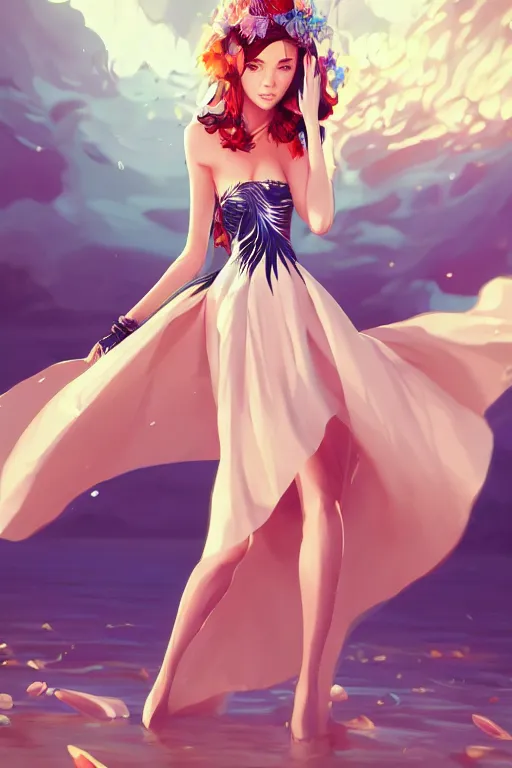 Image similar to a beautiful fashion goddness of love, chic strapless dress, tropical sea background, character design, in the style of artgerm, and wlop, cinematic lighting, hyperdetailed, 8 k realistic, symmetrical, global illumination, radiant light, frostbite 3 engine, cryengine, dof, trending on artstation, digital art