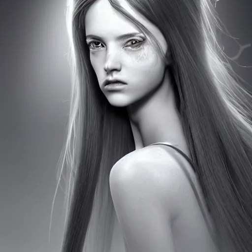 Image similar to A young beautiful female angelic-extraterrestrial-cyborg face with a very long neck, big clear eyes, thin nose, big lips, hair floating in the wind, Realistic, Refined, Digital Art, Pre-Raphaelite, Highly Detailed, Cinematic Lighting, rim light, black and white, photo-realistic Unreal Engine, 8K