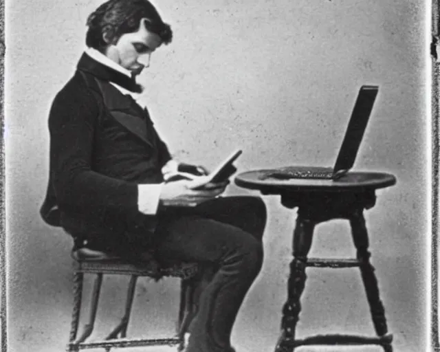 Prompt: 1 8 0 0 s photo of the king checking his twitter feed on his cellphone