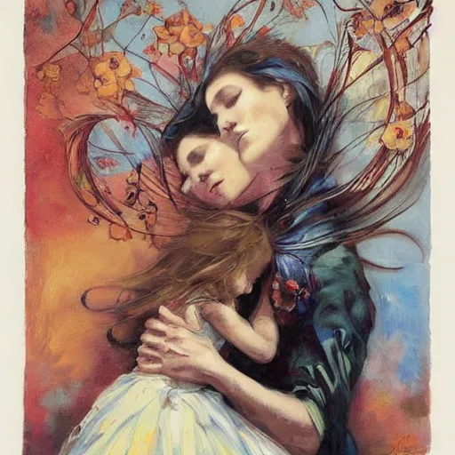 Image similar to by john larriva, by aaron horkey emotive. a beautiful painting harmony of colors, simple but powerful composition. a scene of peaceful domesticity, with a mother & child in the center, surrounded by a few simple objects. colors are muted & calming, serenity & calm.