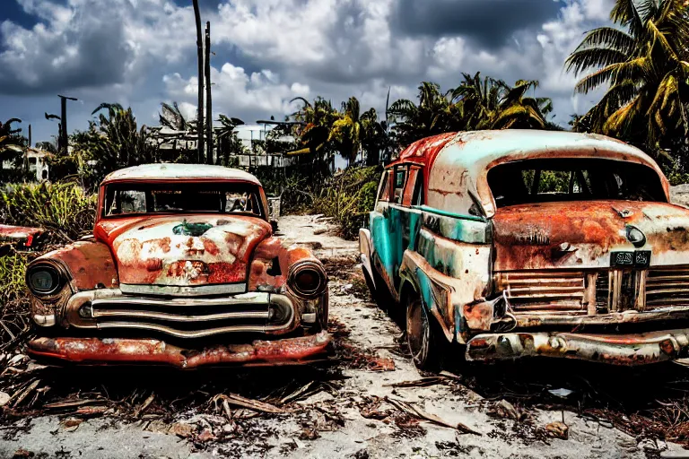 Image similar to wide angle shot of dilapidated fallout 5 miami, tropical coastal city, desolate, dilapidated, just a rusted retro futuristic vintage parked vehicles like cars, buses, trucks, trams, sunny weather, few clouds, volumetric lighting, photorealistic, daytime, spring, sharp focus, ultra detailed, technicolour 1