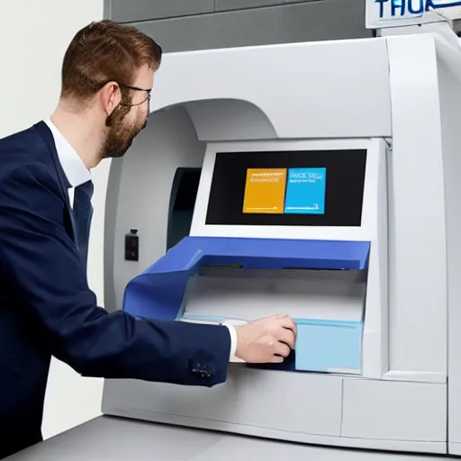 Image similar to hyperrealistic painting image where a happy businessman appears behind a ticket printing machine