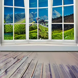 Image similar to fantastical living room with switzerland landscape in the window