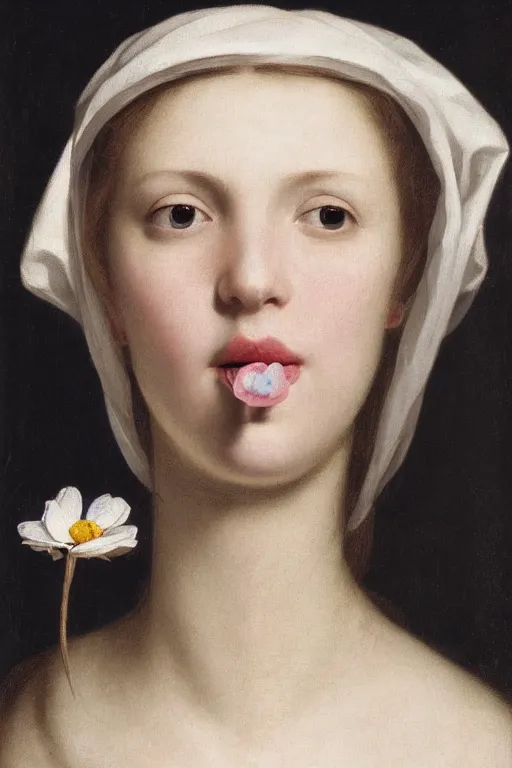 Prompt: hyperrealism extreme close-up portrait of medieval beautiful young female with big flower on mouth, pale skin, wearing white silk, in style of classicism