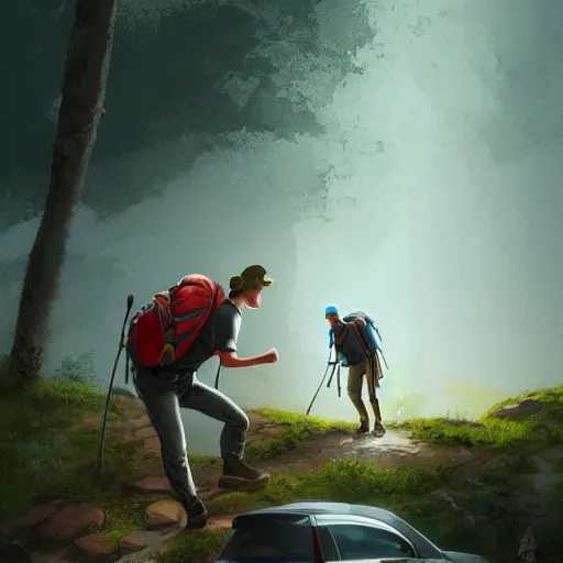 Image similar to hiker unloading the car before camping, by etienne hebinger, cgsociety, cynical realism, fantasy art, 2 d game art