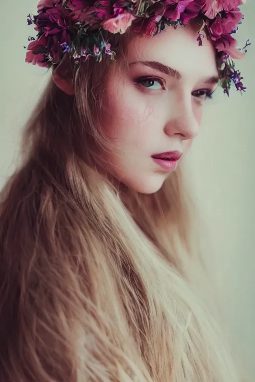 Prompt: beautiful woman with flowers in her hair, soft lighting, portrait, trending on artstation, portrait, closeup,