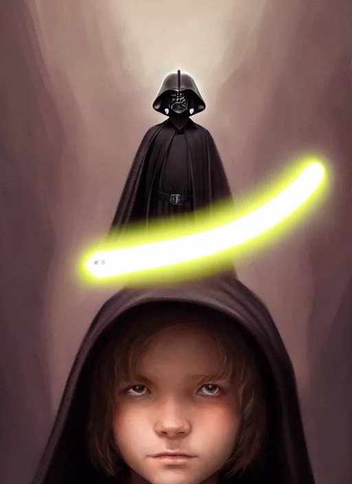 Image similar to perfectly - centered - portrait of a kid wearing black cloak holding light saber, intricate, highly detailed, digital painting, artstation, concept art, smooth, sharp focus, illustration, unreal engine 5, 8 k, art by artgerm and greg rutkowski and alphonse mucha and sam spratt