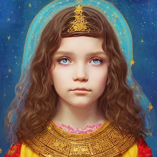 Image similar to a little girl with short wavy curly light brown hair and blue eyes, a space empress in byzantine style. beautiful highly detailed face, painting by ilya kuvshinov and raymond swanland