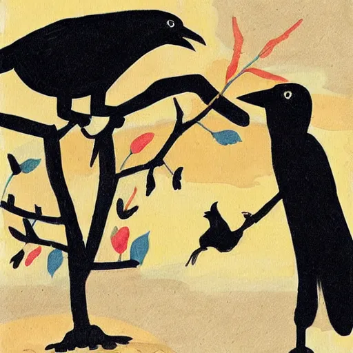 Image similar to a crow trying to grab a ram, children's book illustration, in the style of Emilia Dziubak,