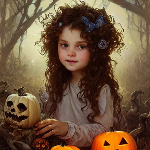 Image similar to a cute happy little girl with light brown wavy curly hair and blue eyes sitting amidst piles of skulls and pumpkins. beautiful cute highly detailed face. spooky halloween themed painting by artgerm and greg rutkowski and alphonse mucha.