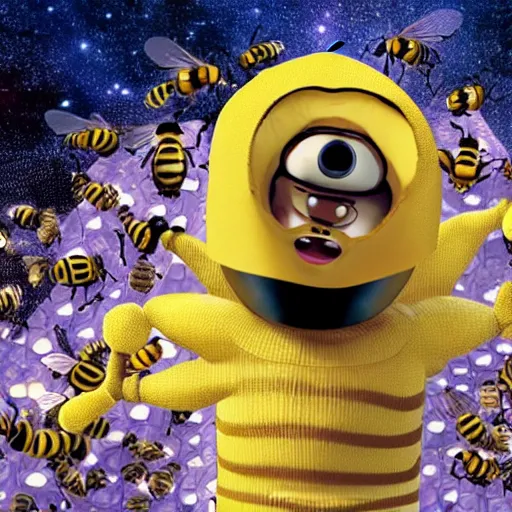 Prompt: the bee movie with realistic jerry seinfeld head on the bee, in the hive