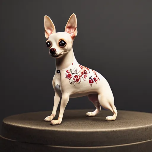 Image similar to A porcelain model of a chihuahua painted in an Emma Bridgewater pattern, style of Emma Bridgewater, sculpture, photograph, studio lighting, product photography, advertising photography, pottery, figurine, octane render –H 768