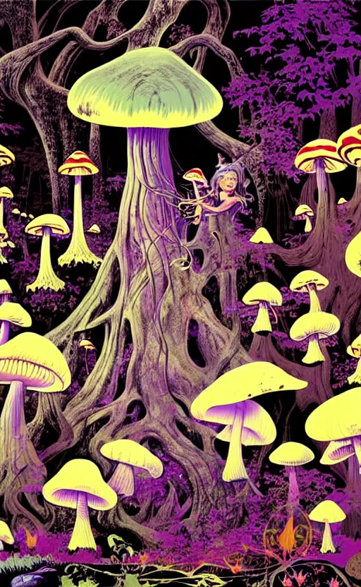 Image similar to psychedelic mushrooms in an enchanted forest with fairies in the trees wide angle shot, white background, vector art, illustration by frank frazetta and salvador dali