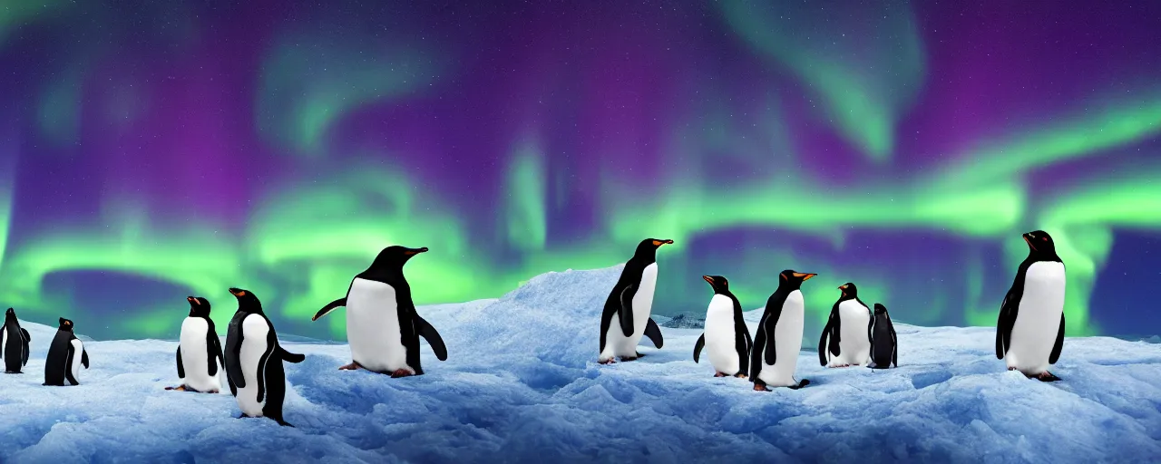 Prompt: a group of penguins watching the aurora borealis, large scale, breathtaking, mixed media, digital art, trending on artstation, 8k, epic composition, highly detailed, AAA graphics