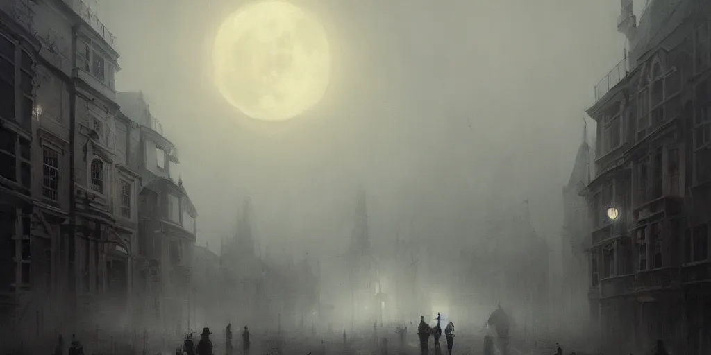 Image similar to A hyper realistic oil painting of a moon hanging over a victorian age city, view from the streets, fog, creepy atmosphere, moody cinematic lighting, focus on the moon, hyper detailed, by greg rutkowski, trending on artstation