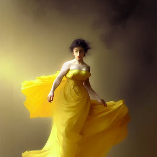 Image similar to a voluminous woman in a yellow organza dress dancing, intricate, elegant, digital painting, concept art, smooth, sharp focus, illustration, from metal gear, by ruan jia and mandy jurgens and william - adolphe bouguereau, artgerm