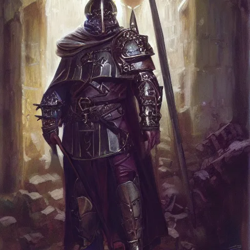 Prompt: a crusader in a dungeon, fantasy character portrait by Donato Giancola, Craig Mullins, digital art, trending on artstation