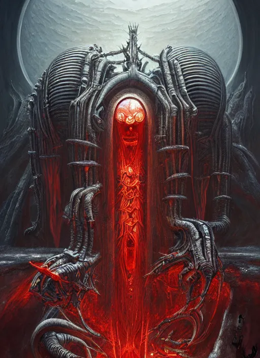 Image similar to masterpiece, his infernal majesty concept art, stylized, elden ring, elegant, imperial, epic, art by h. r. giger, darius zawadzki, josan gonzalez, alexey egorov, biomechanical, crimson darkness, hellscape