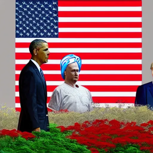 Image similar to obama with an american flag wrapped around his head, trump and putin in greyscale look on forebodingly in the background, red chinese flowers in the background, chinese characters in the foreground