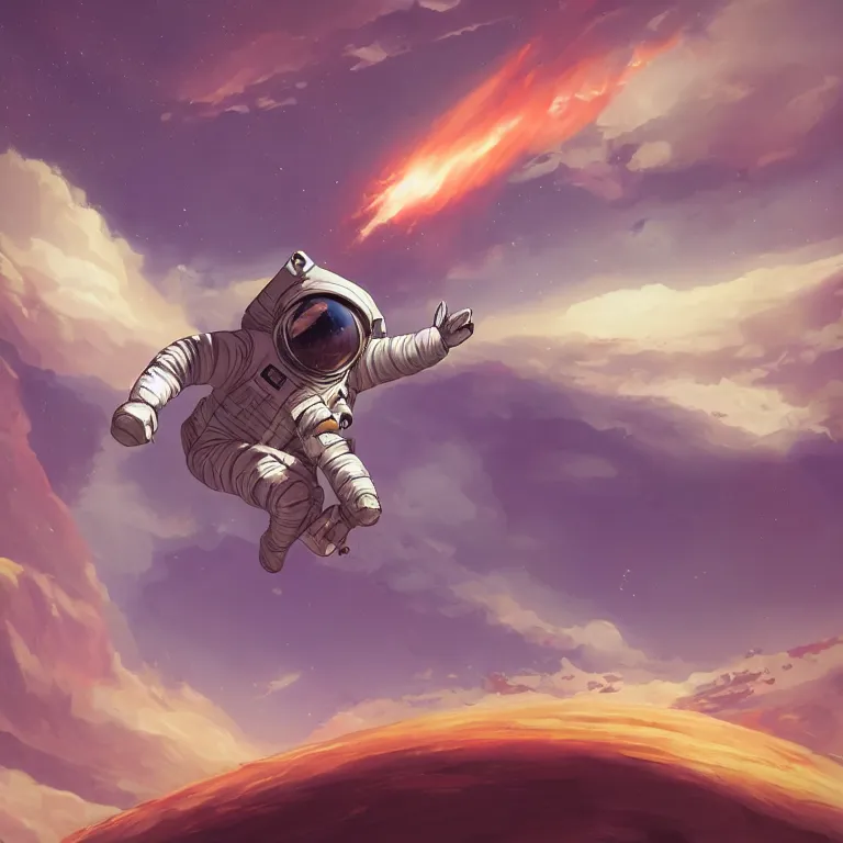 Prompt: An astronaut flies sitting on a rocket, trending on artstation, by Noah Bradley