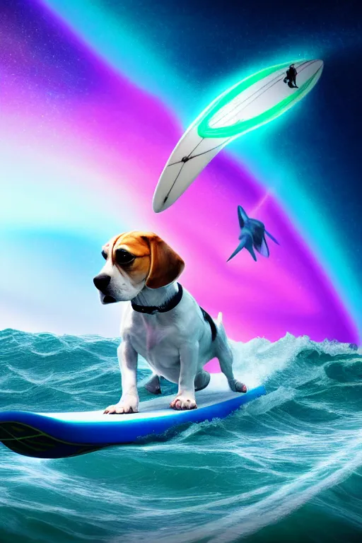 Image similar to beagle dog surfing a surfboard on a crashing l wave of alien ocean in space, background is 👽, aliens in the background, alien neon colors, octane render, unreal engine, wide view, 8 k, highdetaild