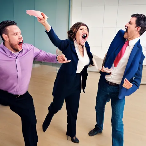 Image similar to cool business people freaking out at work, screaming yelling, throwing things. high resolution color magazine candid photograph.