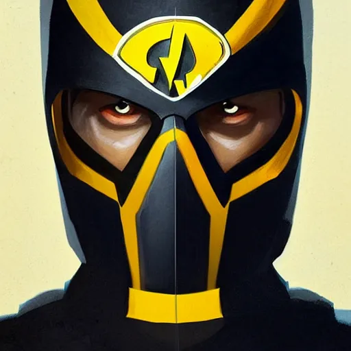 Image similar to portrait of a superhero by greg rutkowski, he looks like miles teller, he is wearing a black, orange and yellow kevlar gear with a mask, highly detailed portrait, digital painting, artstation, concept art, smooth, sharp foccus ilustration, artstation hq