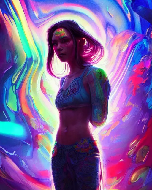 Image similar to colorful full body portrait of a hippie, set in the future 2 1 5 0 | highly detailed | very intricate | symmetrical | professional model | cinematic lighting | award - winning | painted by mandy jurgens and ross tran | pan futurism, dystopian, bold psychedelic colors, cyberpunk, groovy vibe, anime aesthestic | featured on artstation